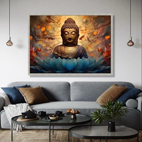 Peinture Bouddha zen impression sur toile fleur de lotus bleue déco murale salon 80x120