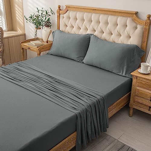 PURE ERA Jersey Knit 4pc Bed Sheet Set 100% T-Shirt Cotton Super Soft Comfy Breathable Fits Mattress Up to 20" Extra Deep Pocket (Solid Dark Greenish Gray, Queen)