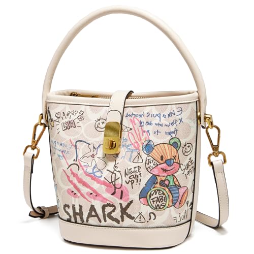 FOXLOVER Leather Bucket Crossbody Bags for Women Graffiti Top-Handle Handbags Small Satchel Purse Trendy Twist Lock(White)