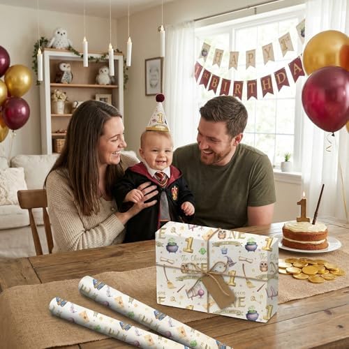 Pineraap 1st Birthday Wrapping Paper Roll, Magical Wizard Gift Wrap with Witch Hat, Magic World 1 Year Old Gift Packing Paper for Baby Shower First Birthday, 17Inch x 16.5Feet — 사진 4
