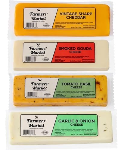 Deli Direct Farmers' Market Cheese Block Assortment 7oz 4-Pack, Shelf Stable, Pasteurized, Locally Sourced Wisconsin Cheese (Assortment, 4 Count)