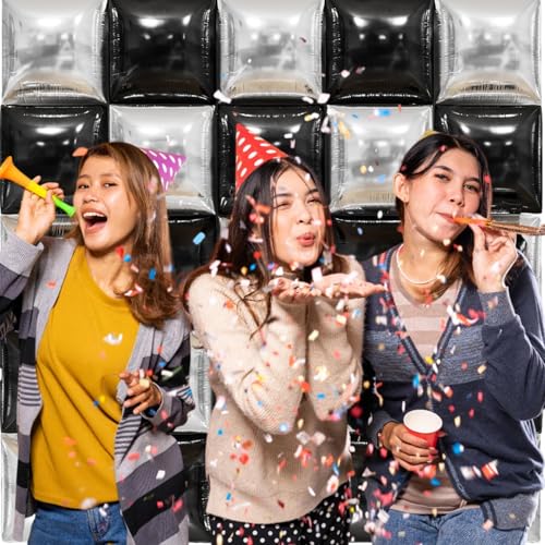 Image of Black and Silver Double Sided Square Foil Balloons Wall,19 Inches Chrome Silver Metallic Foil Balloons Tunnel Arch Kit for 2026 Graduation Decorations,Anniversary Birthday Party Background Decoration