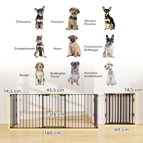 PawHut Welpenauslauf 5-TLG Klappbar Absperrgitter Hund mit Tür, DIY Welpenlaufstall Kaminschutzgitter Ofenschutzgitter für kleine und mittelgroße Hunde, 300 x 74,5 cm, Metall, Schwarz