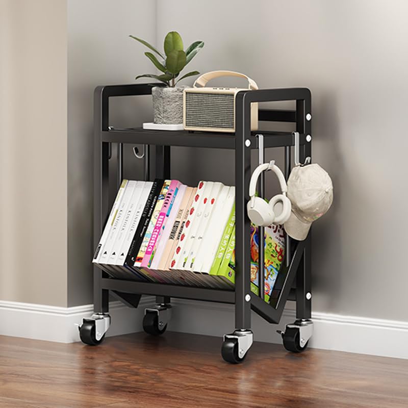 Bookshelf with wheels,2 Tier Floor Standing Book Stand,Books Storage Rack for Files/Magazines,Book Shelf Storage Organizer for Living Room, Bedroom, and Home Office.