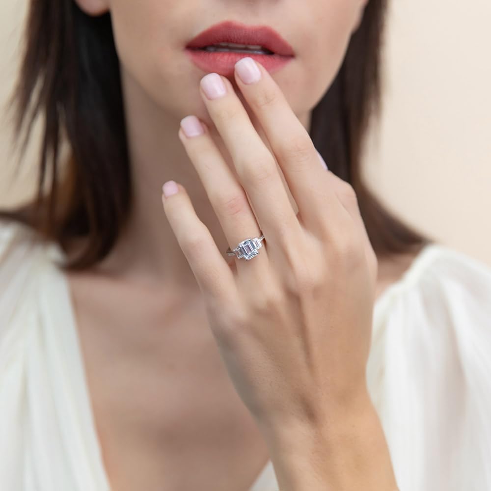 BERRICLE Sterling Silver 3-Stone Promise Wedding Engagement Rings for Her, 2.1 Carat Step Emerald Cut Cubic Zirconia CZ Ring - Image 6