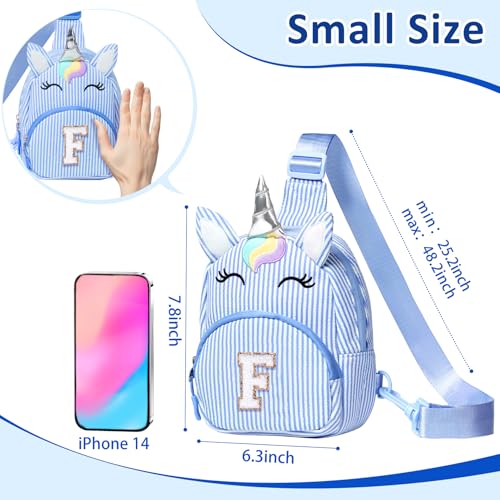 Image of COSHAYSOO Blue Little Girls Purse Unicorn Easter Basket Stuffers 3 4 5 6 7 8 Year Old Girl Birthday Gifts, Kids Crossbody Bag Fanny Pack Spring Break Fashion Cute Essentials Initial Letter F