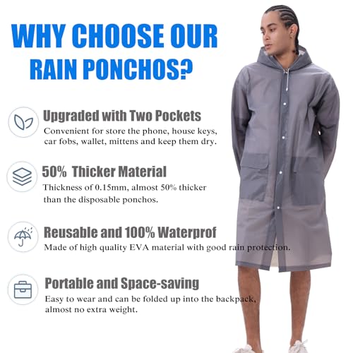 HLKZONE Rain Ponchos for Adults, 2 Pack Reusable Rain Coats for Adults Travel Rain Jacket Packable Raincoats with Pockets2