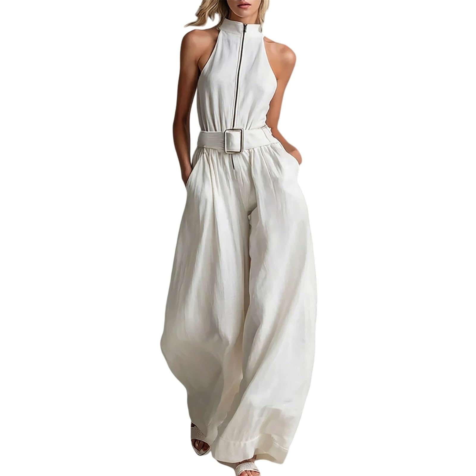 Mono elegante de pernera ancha para mujer con bolsillos y espalda descubierta 6