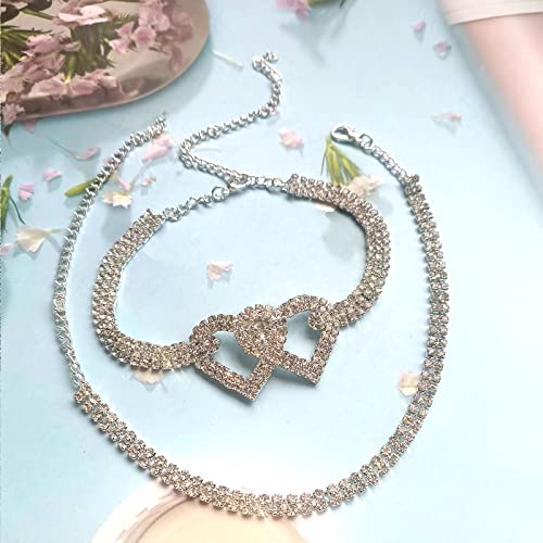 2Pcs Rhinestone Heart Anklet Bracelets Crystal Lariat Love heart Foot Chain Bling Beach Barefoot Sandal Jewelry for Women Girls Teens - Image 4