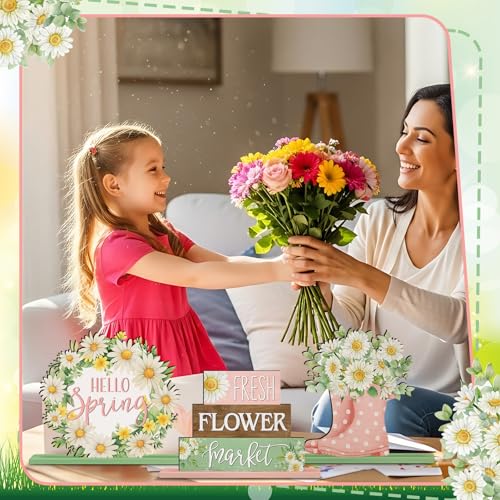 Image of Yuntau 6 Pcs Spring Daisy Table Decorations Spring Table Centerpiece Tiered Tray Decor Farmhouse Daisy Floral Gnome Wreath Tabletop Sign for Office Home Desk Shelf
