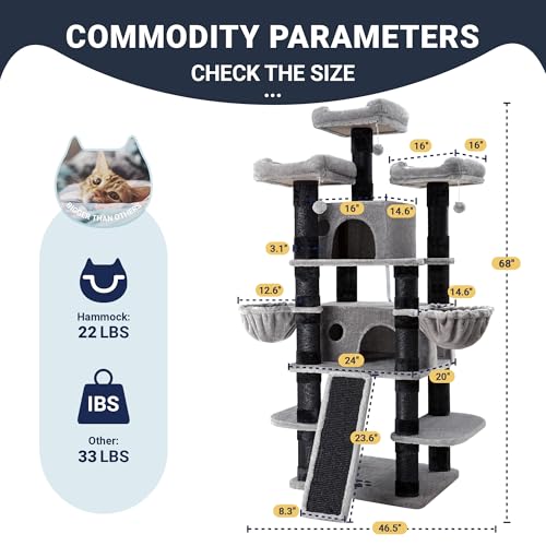 Image of Allewie 68 Inches Cat Tree /House and Towers for Big Feline /Scratching Post /Multi-Level Large Kitty Climbing Tree with Condo /Black & Grey