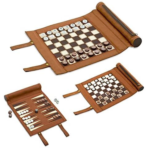 Woodronic 3 in 1 Backgammon Chess Checkers Set, Roll Up Travel Game Set for Adults and Kids, Brown, 13'' x 10'' Cover