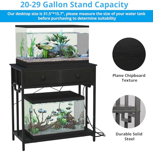 Image of VOWNER 20-29 Gallon Aquarium Stand with Power Outlet, Metal Frame Fish Tank Stand with Cabinet Storage, Double Turtle Reptile Terrariums Tank Stand, 31.5 inch L*15.7 inch W Tabletop, 400LBS Capacity, Black