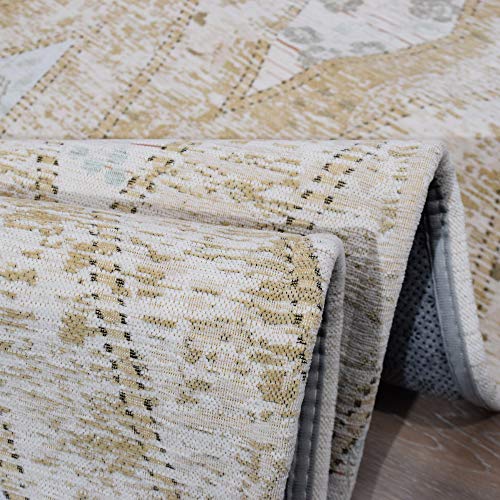 Amida Area Rugs 3'X5' Light Beige Ivory Non Slip Machine Washable For Entryway,Living Room And Kitchen - Flat Weave - Plaid Geometric Floral Vintage Chic - Dog Friendly Easy Care - Folded Wraped #TOP3