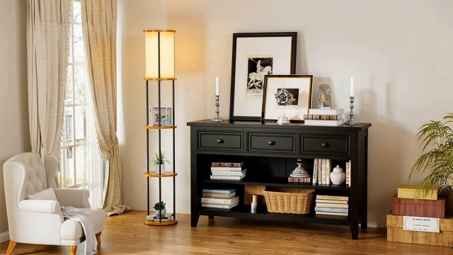 Image of Lightdot 61 inch Floor Lamp with Shelves, Modern Black Standing Lamp with Fabric Shade and 3- Tier Solid Wood Table Attached, Corner Bookshelf Lamps with Bulb Included for Sofa Beside /Corner Decor