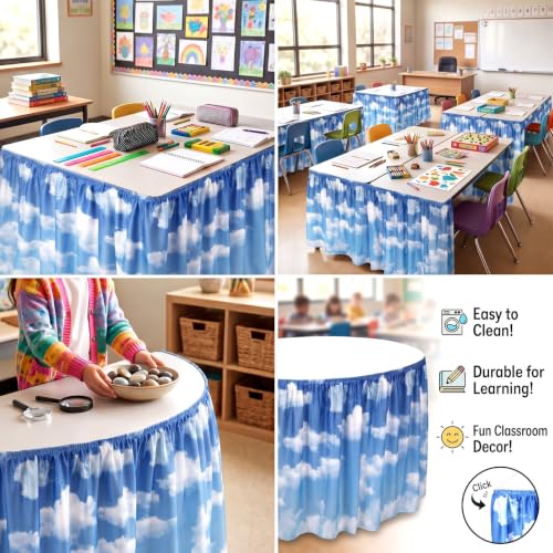 Image of Oudain 9 ft Blue Sky White Clouds Table Skirt Cloths for Teacher Desk Boho Wrinkle Blue Sky White Clouds Table Cover Skirt for Kindergarten Classroom Kidney Shaped Desk Back to School Supplies