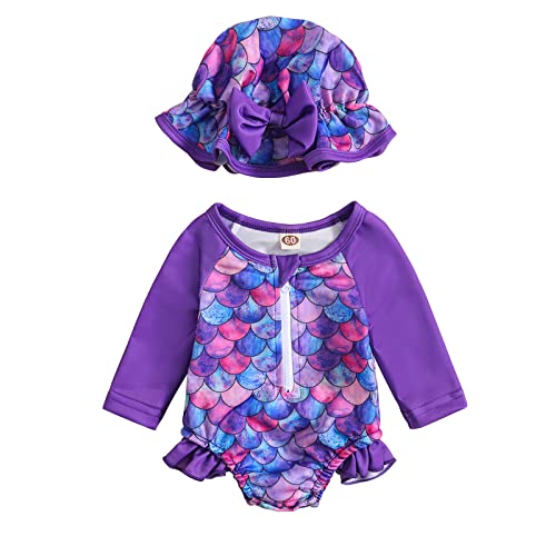Image of Aimaopao Baby Girl Swimsuit Long Sleeve Zipper Bathing Suit One Piece Swimwear with Hat