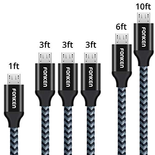 Micro USB Cable, FONKEN USB to Micro USB Cable [6-Pack, 1FT 3.3FTx3 6.6FT 10FT] Nylon Braided USB 2.0 Fast Data Sync & Charging Cord for Compatible Samsung, Kindle, HTC, LG, Sony, Nexus, Nokia (Black)