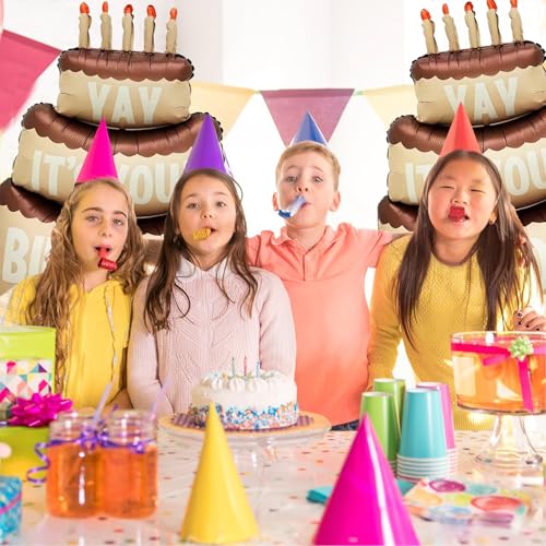 Image of 2PCS Happy Birthday Cake Foil Balloons, 40 inch Large Three-Layer Mylar Birthday Balloons, Yay Balloon for Girls Boys Kids Baby Shower Party Decorations, Brown