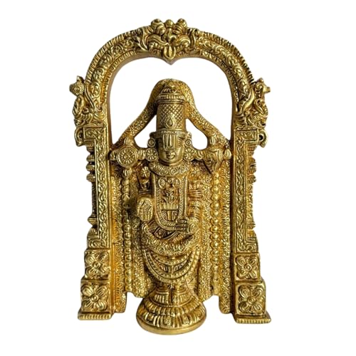Image of eCraftIndia Golden Brass Tirupati Balaji Idol Lord Venkateswara Murti for Mandir Temple Lord Balaji Statue for Home Decor Car Dashboard