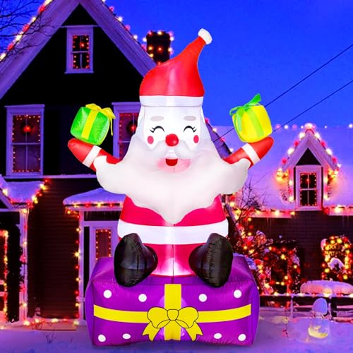 Christmas Inflatables 6 Ft Christmas Outdoor Decorations Inflatable Santa Claus with Gift Boxes Xmas Santa Claus Blow Up Yard Decor, Built-in LED Lights with Tethers, Stakes for The Yard, Lawn, Garden