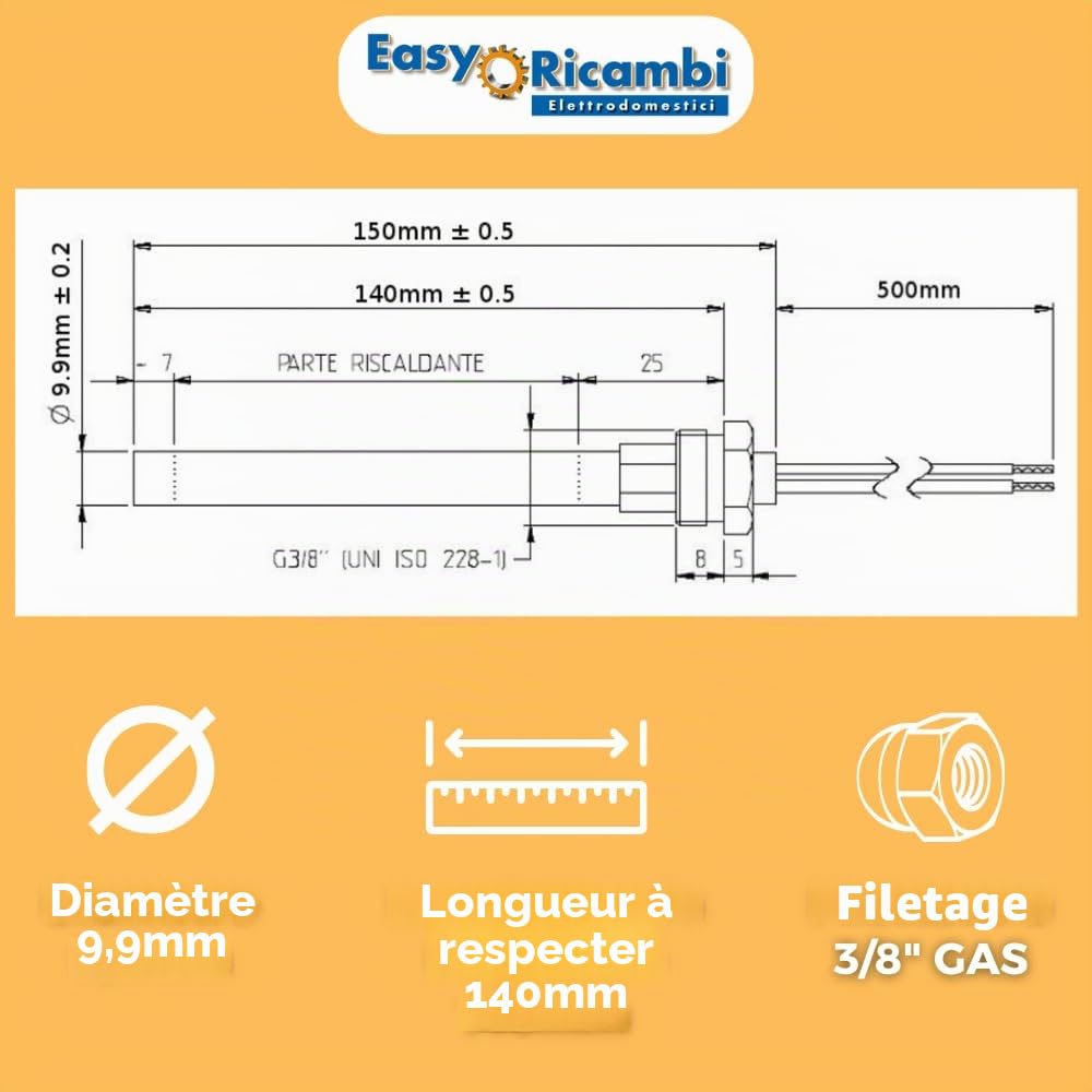Easyricambi - Résistance pour poêle à granulés 250 W, 150 mm, 140 mm, diamètre 9,9 mm, Filetage 3/8", pour Laminox, Palazzetti, Puros, Rika