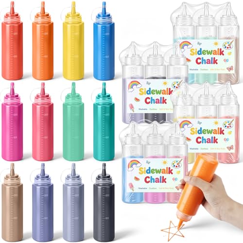 Faccito 12 Pcs Sidewalk Chalked Paint Kit DIY Washable Sidewalk Chalk Non Toxic Paint Kit Washable Powdered Pre-filled Chalks with Squeeze Bottle Mix in Water 12 Vibrant Color for Chalkboard Fun