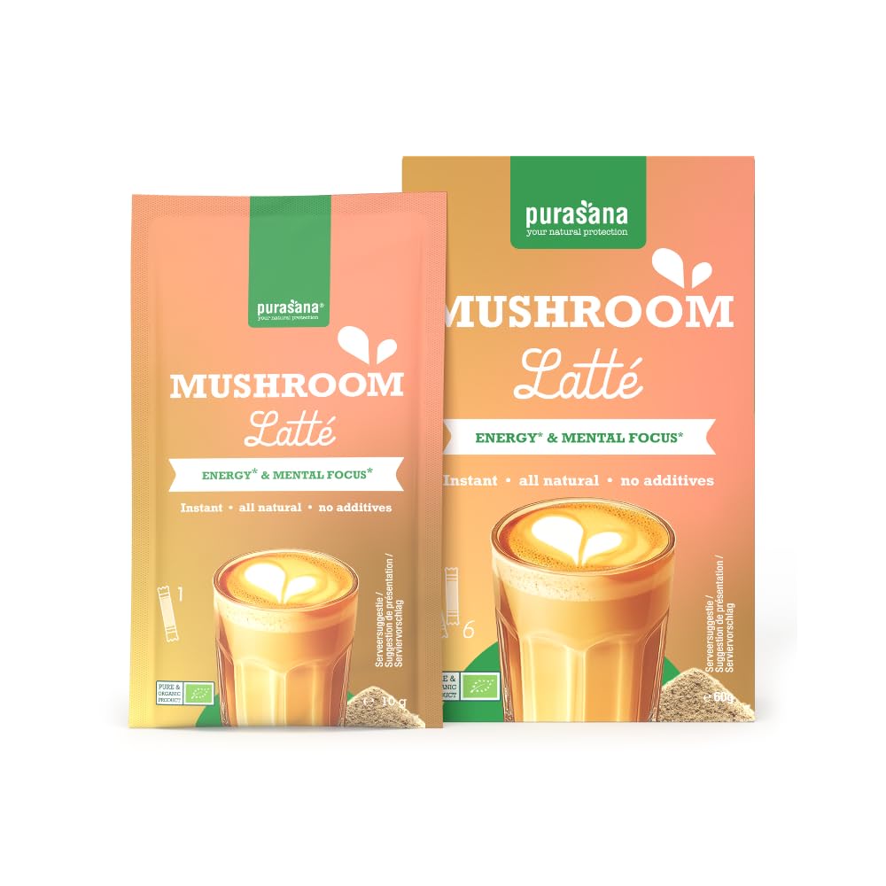 Purasana Instant Mushroom Latte - 6 Sticks - 60g - Organic Reishi Latte, Lion's Mane & Guarana, Gluten Free