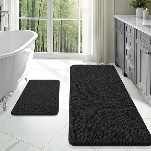 Image of OLANLY Bathroom Rugs Sets 2 Piece, Soft Absorbent Chenille Bath Mats Area Rug Set, Non-Slip, Quick Dry, Machine Washable Bath Mats for Bathroom, Home Decor Accessories (47 inchx20 inch+24 inchx16 inch, Black)