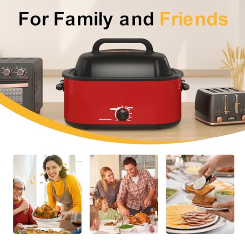 Image of 22 Quart Electric Roaster Oven with Viewing & Self-basting Lid, Turkey Roaster Oven with Removable Pan and Rack, RED