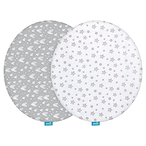 Image of Bassinet Sheets Compatible with Fisher-Price On-The-Go Baby Dome, 2 Pack, 100% Jersey Knit Cotton Fitted Sheets, Breathable and Heavenly Soft, Grey Hearts and White Stars Print for Baby