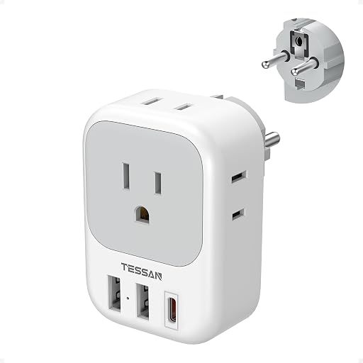 TESSAN Type E F Plug Adapter with 4 AC Outlets, 3 USB Ports (1 USB C 20W) | 1 USB C PD 20W, 2 USB A, 7 in 1 Germany France Power Adapter, 4 side design, US to Spain Iceland Korea Travel Adaptor