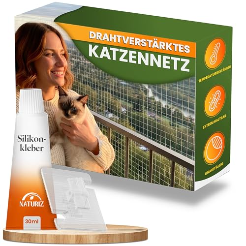 Naturiz® Katzennetz für Balkon ohne Bohren 3x4m - Katzennetz drahtverstärkt transparent/weiß, Katzengitter inkl. Klebehaken – Katzenschutznetz für Balkon & Fenster, Balkonnetz für Katzen (3x4m)