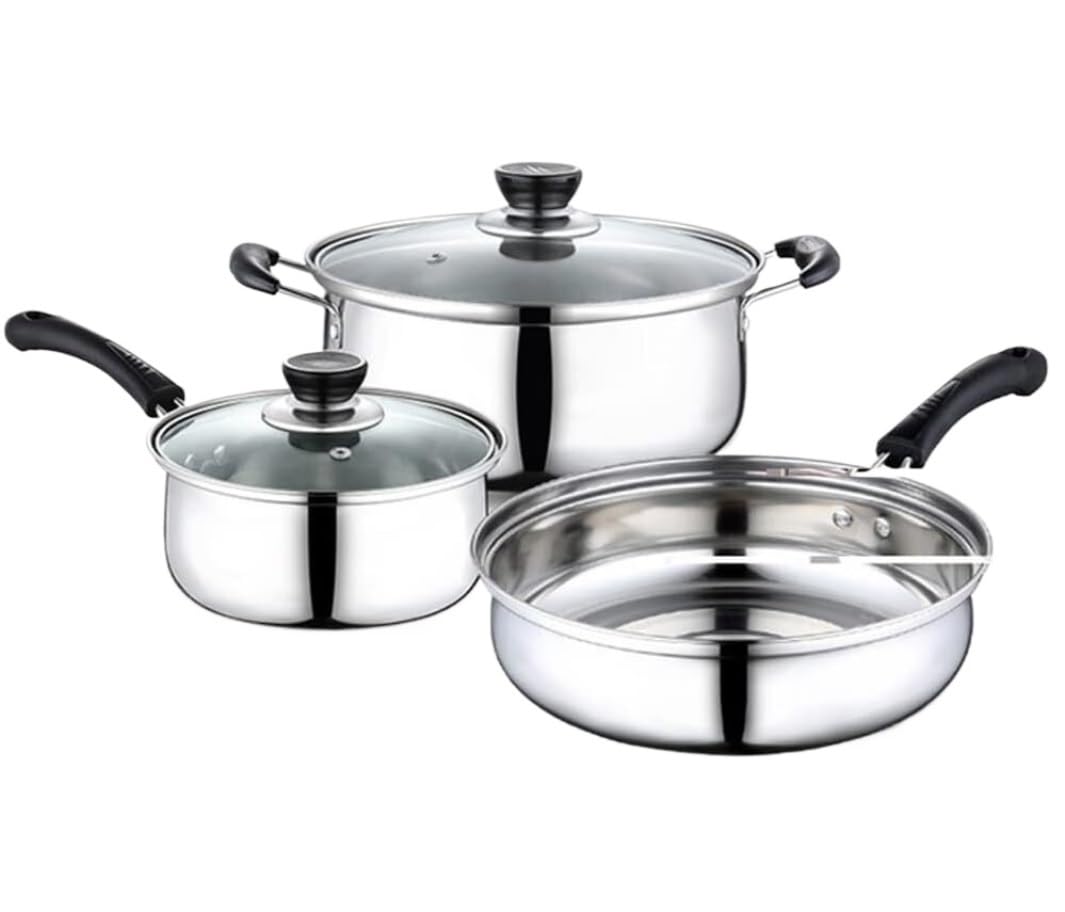 Batteria Pentole Set di Pentole da Cucina in Acciaio Inossidabile 3 Pezzi, Pentola per Zuppa, Padella per Latte con Coperchio in Vetro, Utensile Cucina