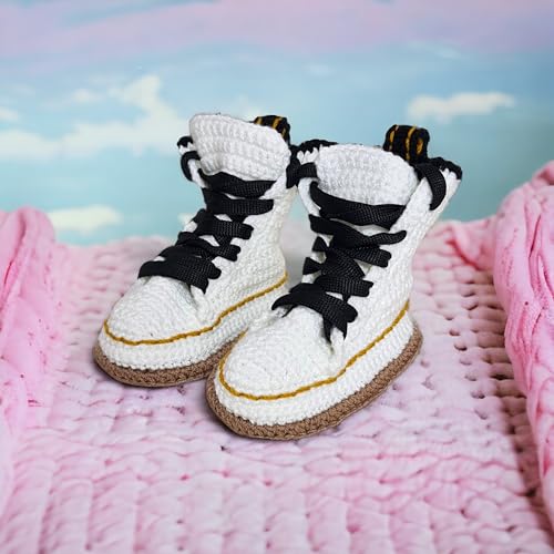 Handmade Crochet Baby White Custom Wool Organic Booties – Classic High-Top Lace-Up Knit Nweborn Sneakers, Non-Slip Soles, Perfect Baby Shower Gifts, First Steps, Unisex, 0-3, 3-6, 6-9 Months2