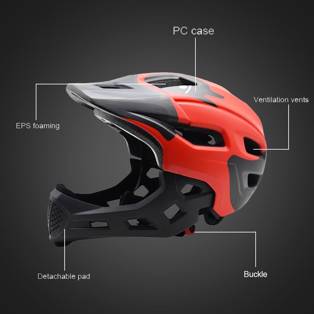 Casco Integral para niños y jóvenes, Casco con Protector de Barbilla Desmontable, Casco de Descenso, tamaño de la Circunferencia de la Cabeza: 50–56 cm, Rojo, para Ciclismo, Bicicleta de