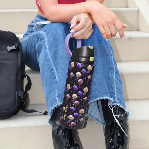 Image of ENCOOL Leakproof Insulated Water Bottle with Straw Dual-Sip Water Bottle Bag-Safe Design for Work, Commute & Gym - Keeps Drinks Cold All Day, 24 oz, Neon Jellyfish