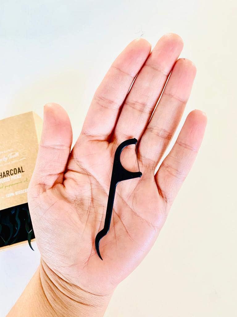 Improved -Biodegradable Activated Charcoal Floss Picks with Organic Peppermint Oil, Plastic Free. Zero Waste - 50 Unit