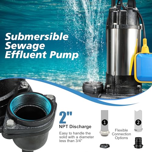 Sewage Effluent Grinder Pump, 1HP 110V 6400GPH, Stainless Steel Cast Iron with Automatic Float Switch, 2\'\' NPT Discharge for Basement, Sump Basin, Residential Sewage - Thumbnail 3