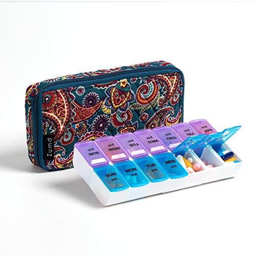 Image of Weekly Pill Organizer 2 Times a Day, Zumd Pill Box 7 Day with Cute Quilted Fabric Zipper Case, Travel Pill Case Am Pm for Vitamin Medicine Organizer