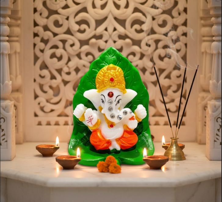 Image of Pan Ganesha Idol on Leaf Small Ganesha Idol for Pooja Resin Ganesh Murti Mini Ganesh Statue for Home Mandir Car Dashboard Decorative Ganesha Statue Spiritual Gift
