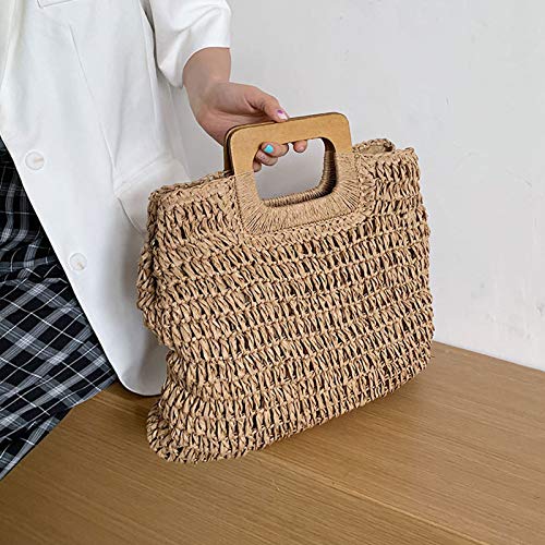 Bolso tote de paja con asa de madera para mujer, bolso tejido tipo hobo para verano, playa y viaje (café) miniatura 5
