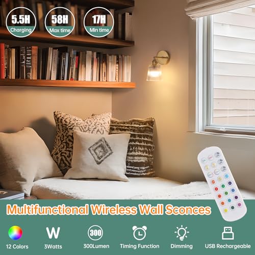 Image of Shenmoyl Vintage Battery Operated Wall Sconce with Transparent Stripe Glass Lampshade Rechargeable Battery Powered Wall Light with Remote Control for Bedside Bedroom Doorway