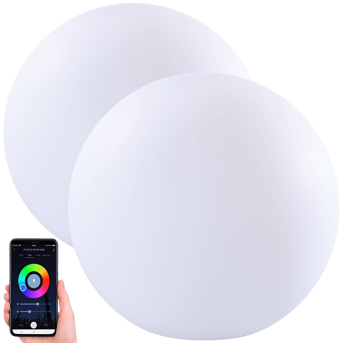 Luminea Home Control WLAN Akku Leuchtkugel: 2er-Set WLAN-Akku-Leuchtkugeln, RGBW-LEDs, App, 576 lm, IP54, Ø 30 cm (Leuchtkugel RGBW, Kugelleuchte außen LED, Ball)