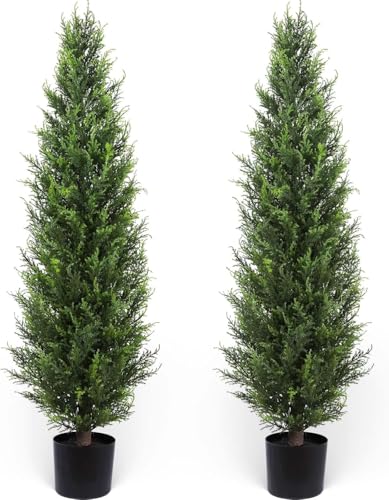 Exotic Dried Flower Bouquet 3/4/5FT Artificial Cedar Topiary Trees,2PCS Bright Realistic Cedar Tree for Outdoors Front Home Decor Porch Decoration, Bedroom Decoration, Dining Table(5FT-2PACK)