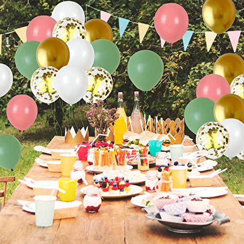 Image of Green Pink Balloons 12inch 60pcs Sage Green Dusty Pink Balloons for Jungle Birthday Party Decorations Metallic Gold Confetti Helium Latex Balloon Bridal Shower Wedding Wildflower Baby in Bloom