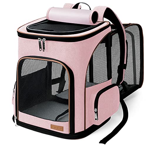 Lekesky Zaino per Cani Gatti Grande Porta Animali Estensibile, Portatile Zaino Trasportino Gatto Pieghevole con Guinzaglio Interno e 2 Tappetini, Per Cani Piccoli Gatti Medi Fino a 8-10 KG, Rosa XL