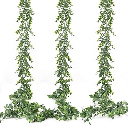HATOKU 3 Pack Artificial Eucalyptus Garland Bulk Greenery Garland Decor, Fake Vines Faux Hanging Plant Garland for Table Wall Mantle Wedding Decoration, 6 Feet/pcs UV Resistant Indoor Outdoor