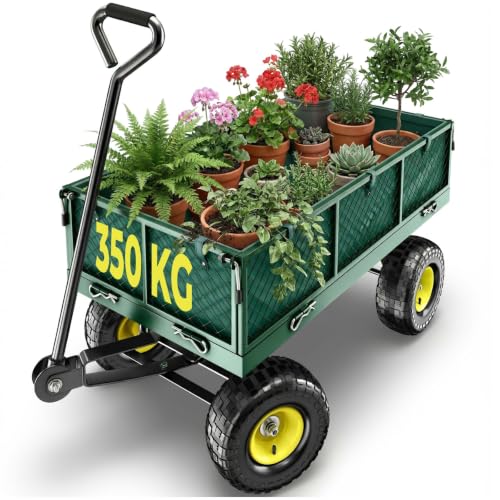 tectake® Carrello da Giardino con Maniglia Imbottita, Carrello con Ruote Portatutto, Pareti Laterali ad Apertura Rapida, Carretto Giardino con Telo Interno Incluso, Portata 350 Kg - Verde