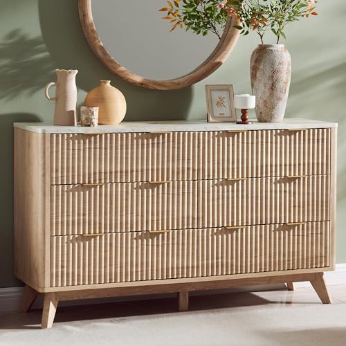 AetherWood Kommode mit 6 Schubladen 137 cm Breit Moderner Rillen-Schubladenschrank Gewölbtes Design mit Melaminplatte in Marmor-Optik Sideboard für Schlafzimmer & Wohnzimmer Natur-Eiche